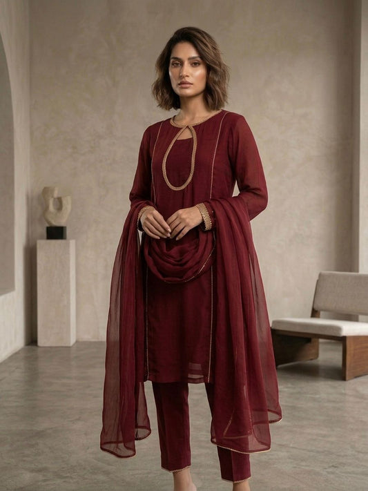 Royal Maroon Chiffon Elegance – 3-Piece Stitched Suit