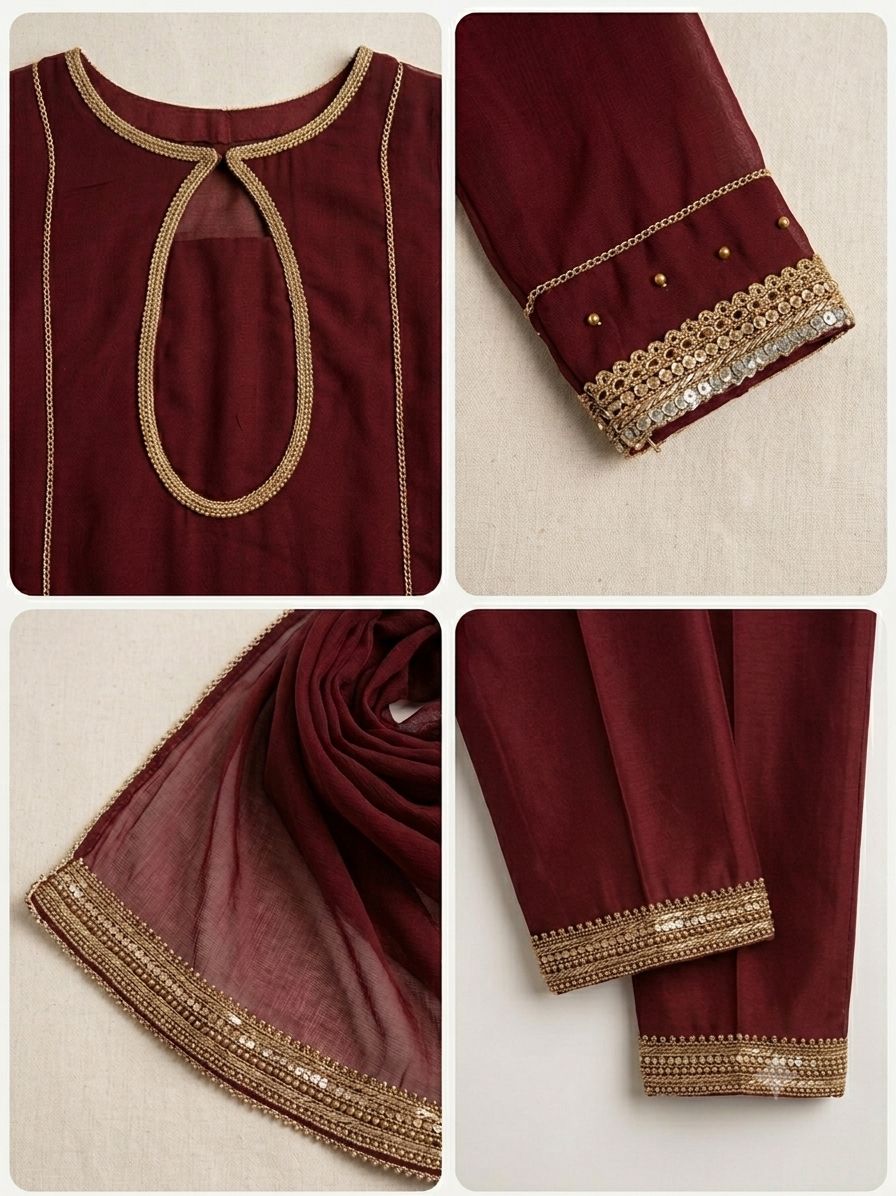 Royal Maroon Chiffon Elegance – 3-Piece Stitched Suit