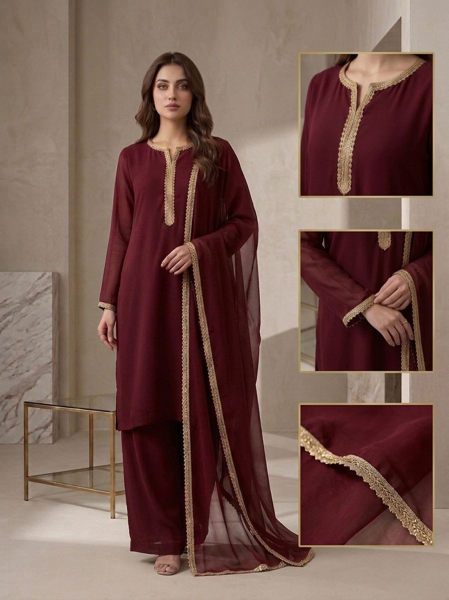 Royal Maroon Gold-Trimmed Chiffon 3-Piece Stitched Suit