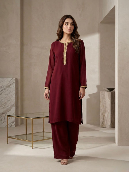 Royal Maroon Gold-Trimmed Chiffon 3-Piece Stitched Suit