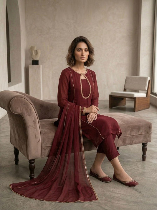 Royal Maroon Chiffon Elegance – 3-Piece Stitched Suit