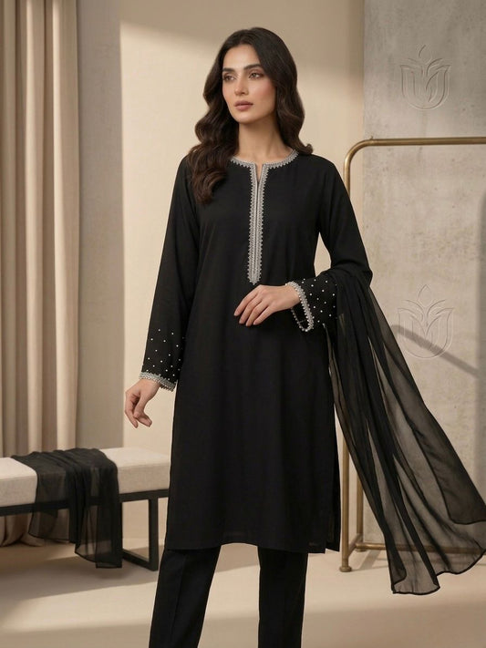 Midnight Black Pearl Embellished 3-Piece Stitched Suit