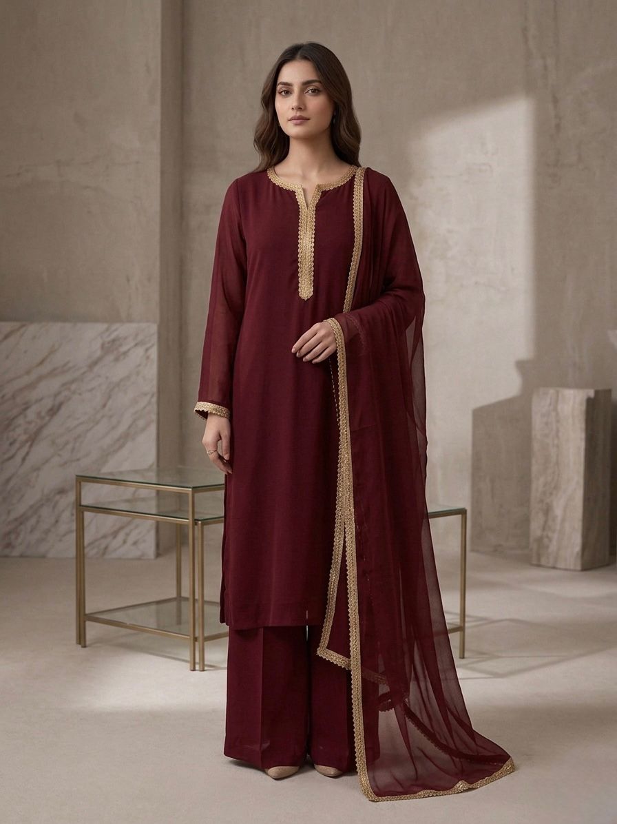 Royal Maroon Gold-Trimmed Chiffon 3-Piece Stitched Suit