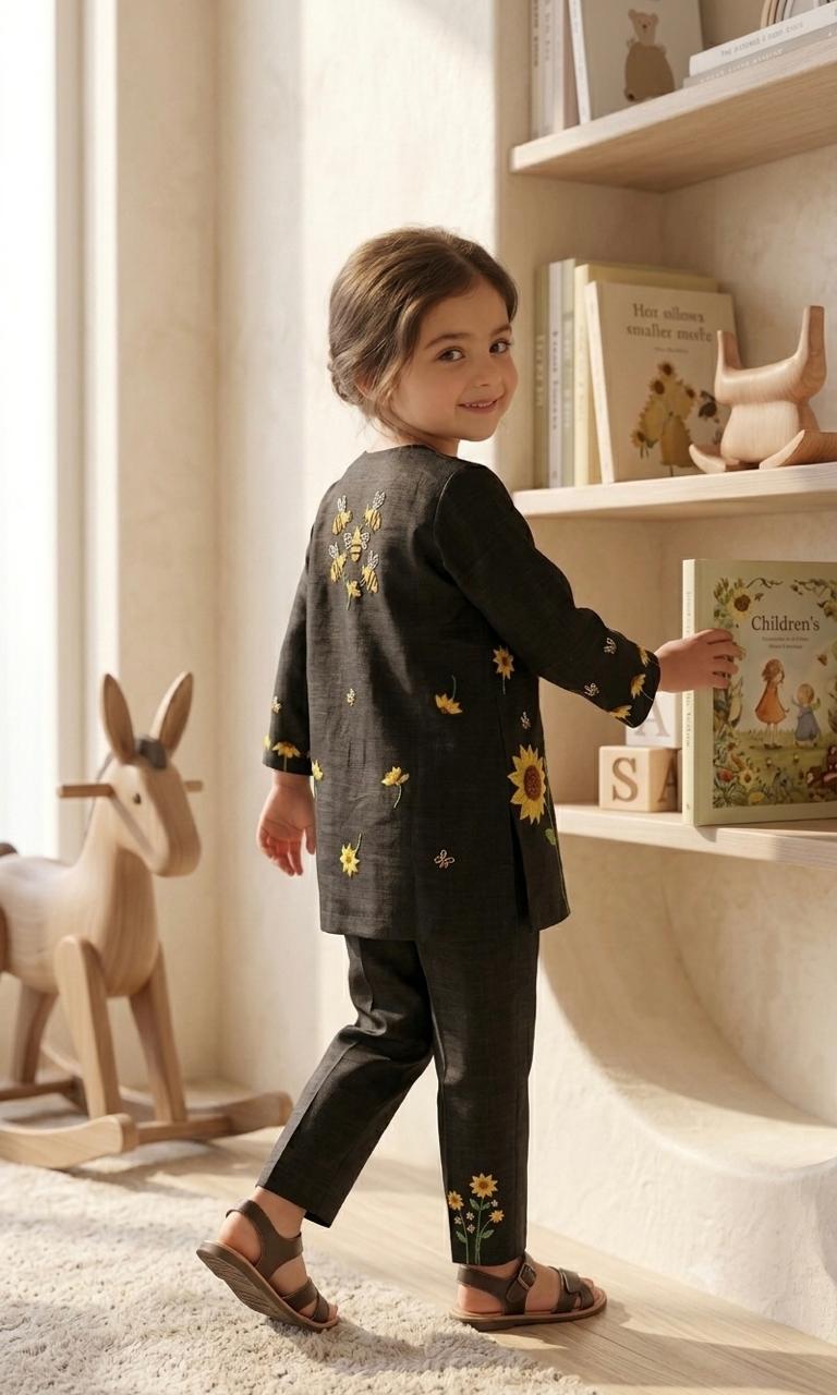 Sunflower Delight – Embroidered Black Linen Co-ord Set for Kids