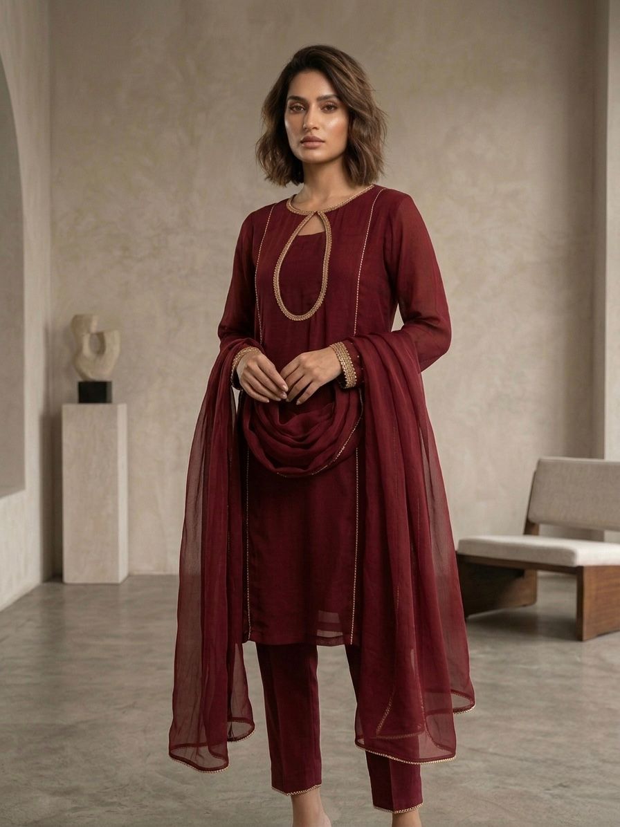 Royal Maroon Chiffon Elegance – 3-Piece Stitched Suit