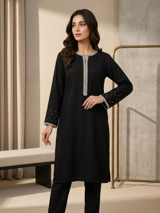 Midnight Black Pearl Embellished 3-Piece Stitched Suit