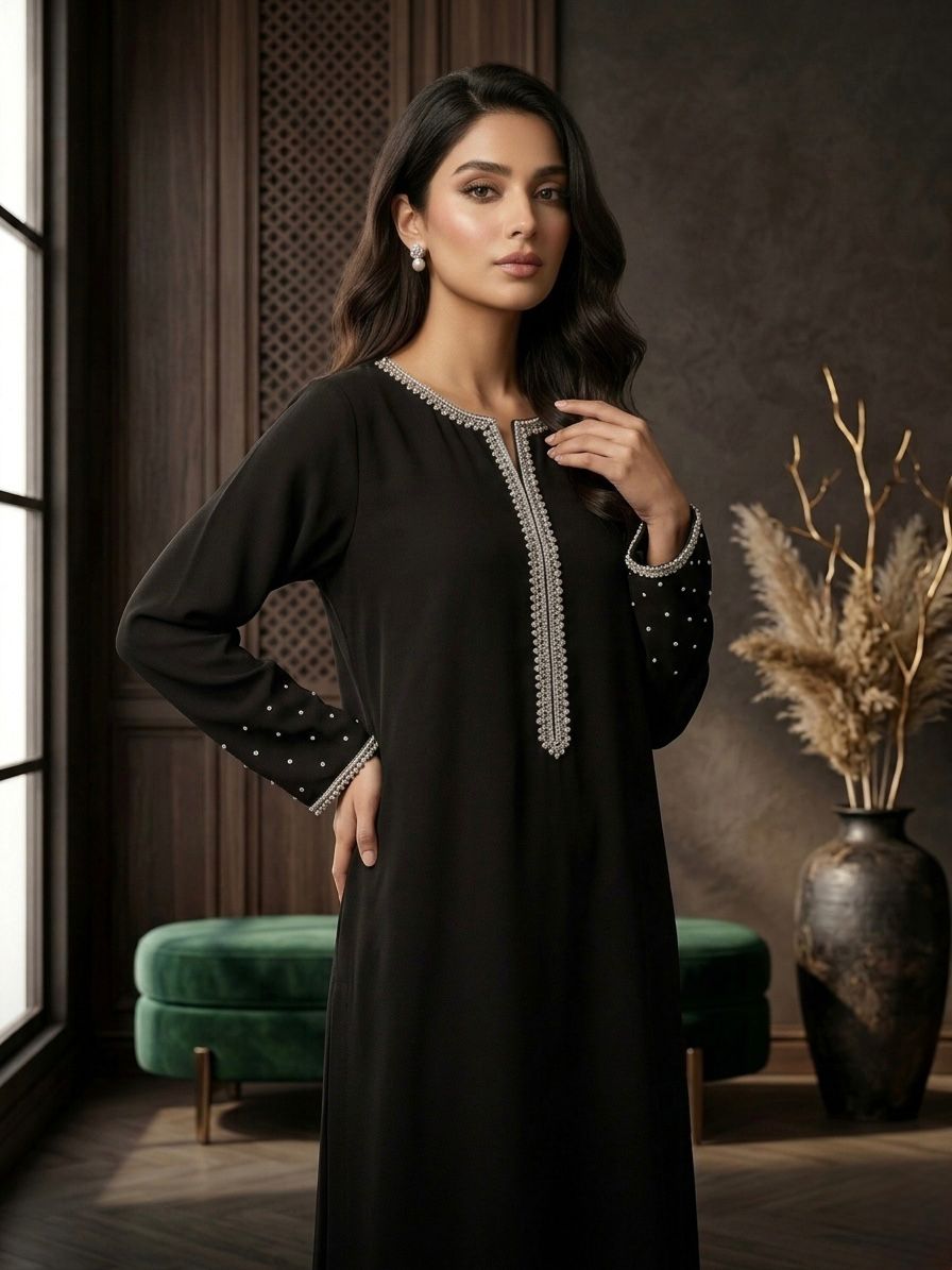 Midnight Black Pearl Embellished 3-Piece Stitched Suit