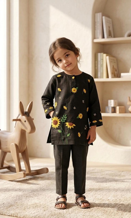 Sunflower Delight – Embroidered Black Linen Co-ord Set for Kids